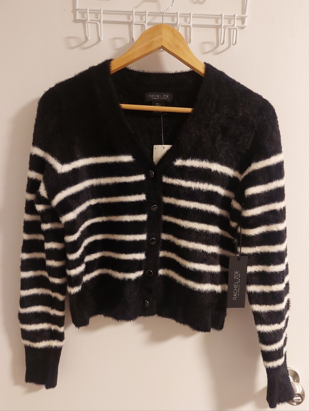 Rachel Zoe Black and White Fuzzy Striped Cardigan